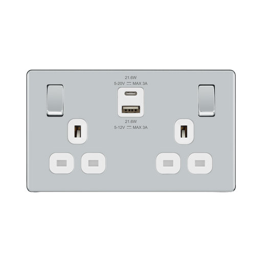 Front view of BG Nexus Screwless Polished Chrome 13A Double USB Socket 22W A+C Ports