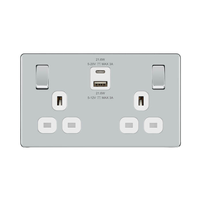 Front view of BG Nexus Screwless Polished Chrome 13A Double USB Socket 22W A+C Ports