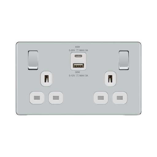 Front view of BG Nexus Screwless Polished Chrome 13A Double USB Socket 45W A+C Ports
