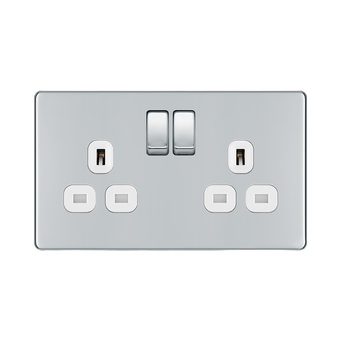 Front view of BG Nexus Screwless Polished Chrome 13A Double Socket