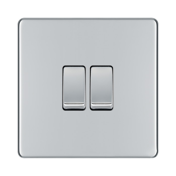 Front view of BG Nexus Screwless Polished Chrome 2W & Intermediate Light Switch FPC2WINT