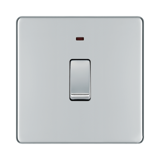 Front view of BG Nexus Screwless Polished Chrome 20A Double Pole Switch with Neon