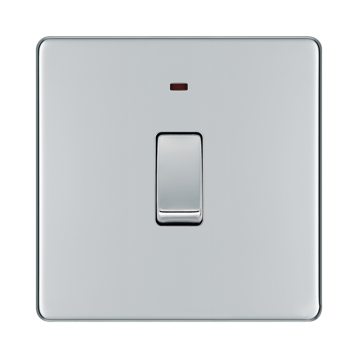 Front view of BG Nexus Screwless Polished Chrome 20A Double Pole Switch with Neon