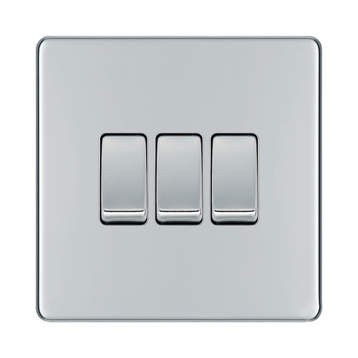 Front view of BG Nexus Screwless Polished Chrome 3G 2W Light Switch