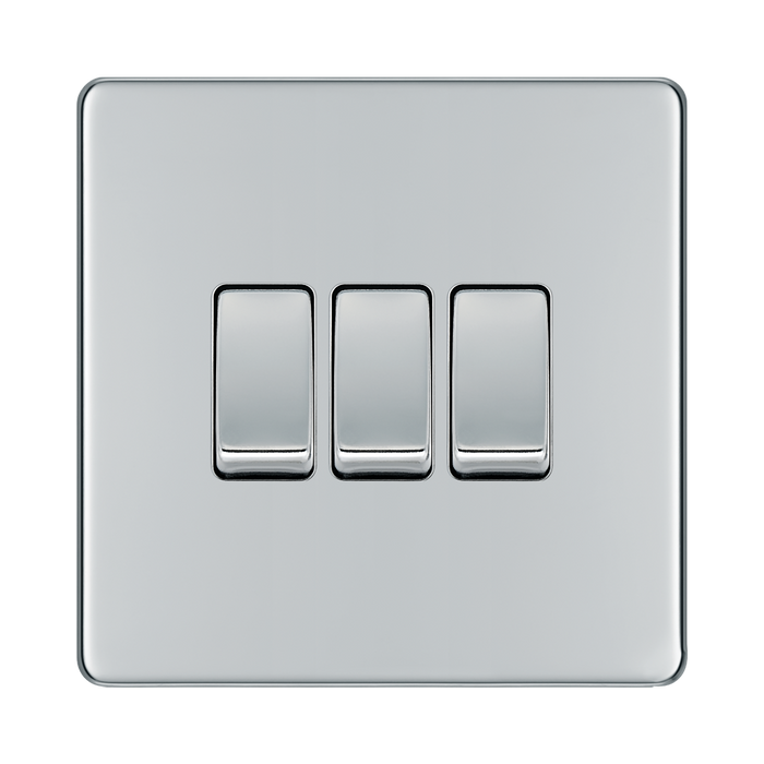 Front view of BG Nexus Screwless Polished Chrome 3G 2W Light Switch