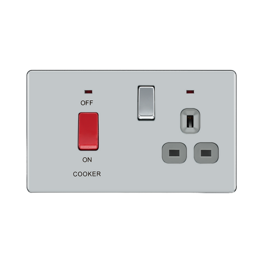 Front view of BG Nexus Screwless Polished Chrome Cooker Switch with 13A Socket
