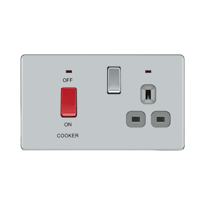 Front view of BG Nexus Screwless Polished Chrome Cooker Switch with 13A Socket
