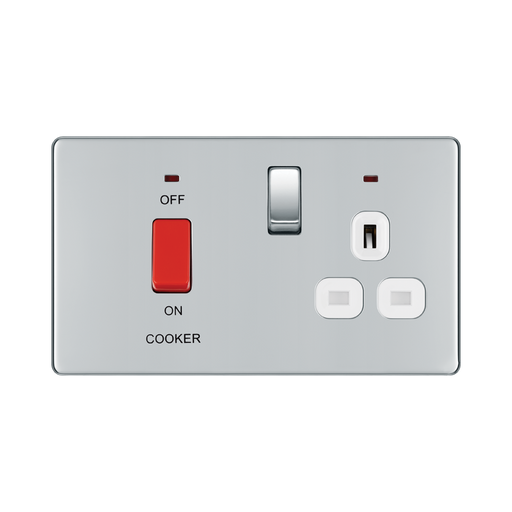 Front view of BG Nexus Screwless Polished Chrome Cooker Switch with 13A Socket