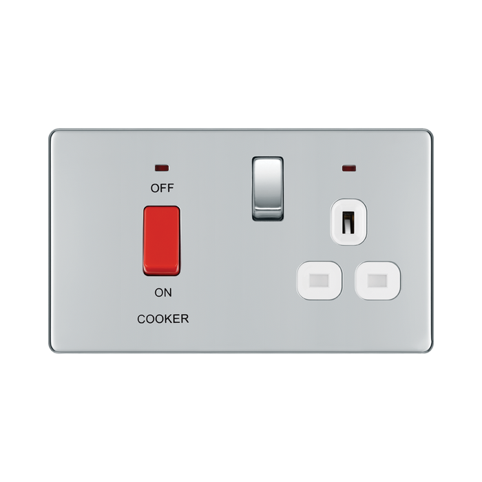 Front view of BG Nexus Screwless Polished Chrome Cooker Switch with 13A Socket