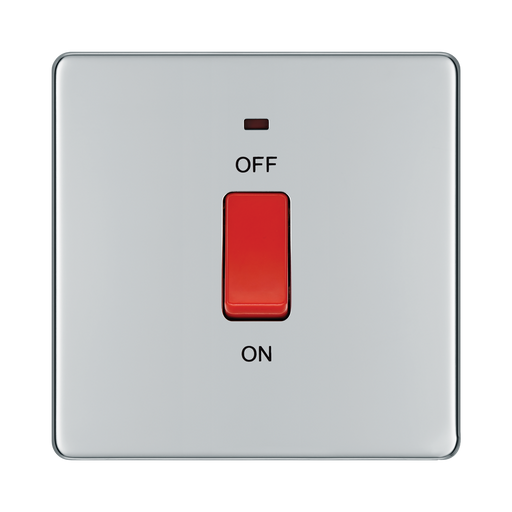 Front view of BG Nexus Screwless Polished Chrome 45A Cooker Switch