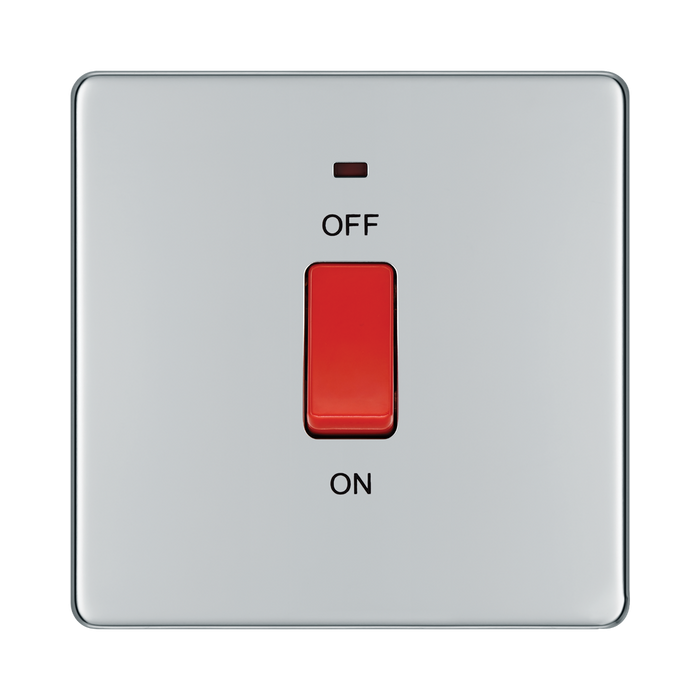 Front view of BG Nexus Screwless Polished Chrome 45A Cooker Switch