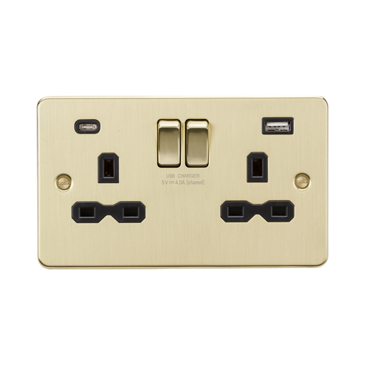 Knightsbridge Flat Plate Brushed Brass 13A Double Socket with Dual USB A+C FPR9940BB - product view
