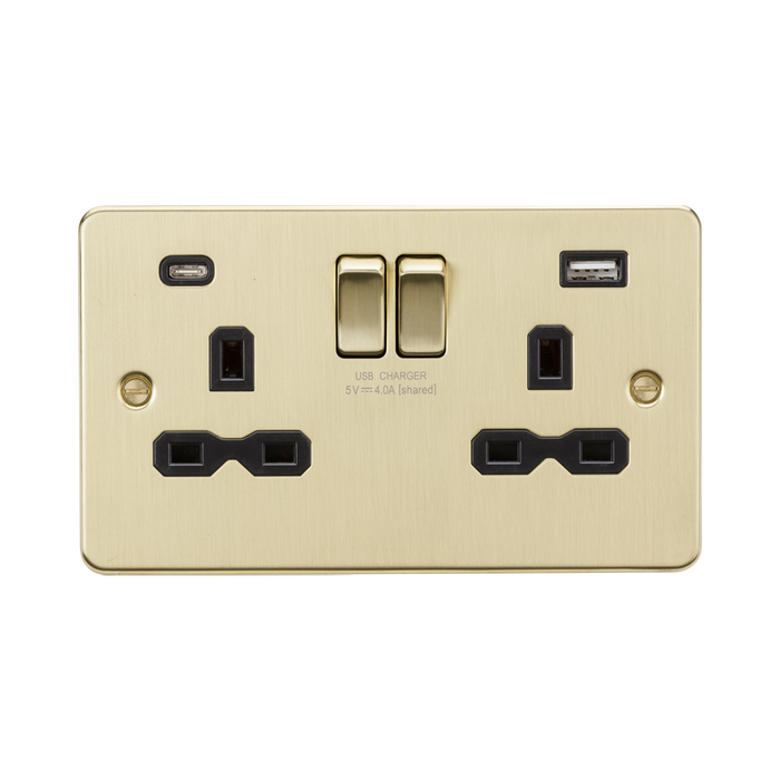 Knightsbridge Flat Plate Brushed Brass 13A Double Socket with Dual USB A+C FPR9940BB - product view