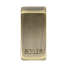 Brass rectangular object with 'BOILER' engraved on a white background