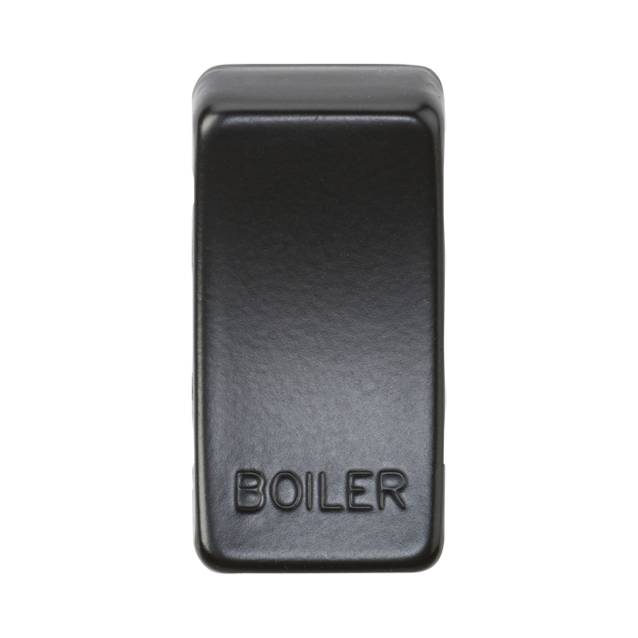 Black rectangular object with 'BOILER' engraved on a white background