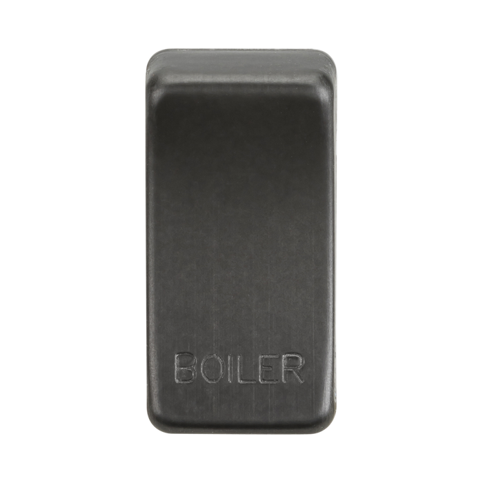 Smoked bronze rectangular object with 'BOILER' engraved on a white background