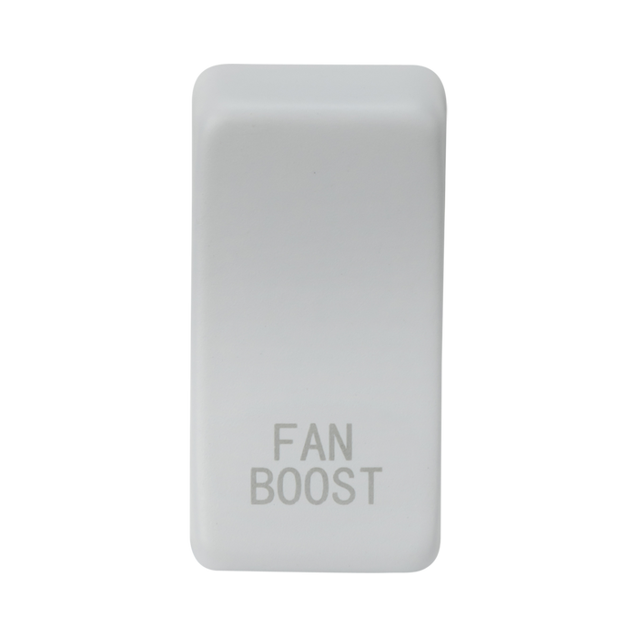 Rectangular white fan boost button on a white background