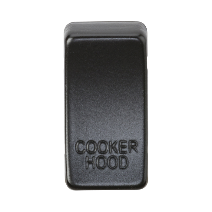 Black rectangular object with 'Cooker Hood' engraving on a white background