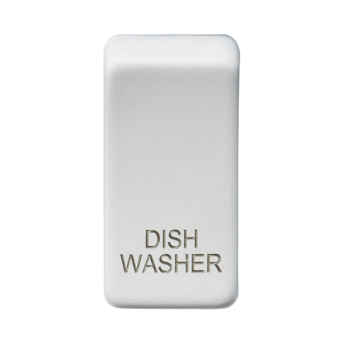 Rectangular white plate with 'Dishwasher' engraving on a white background