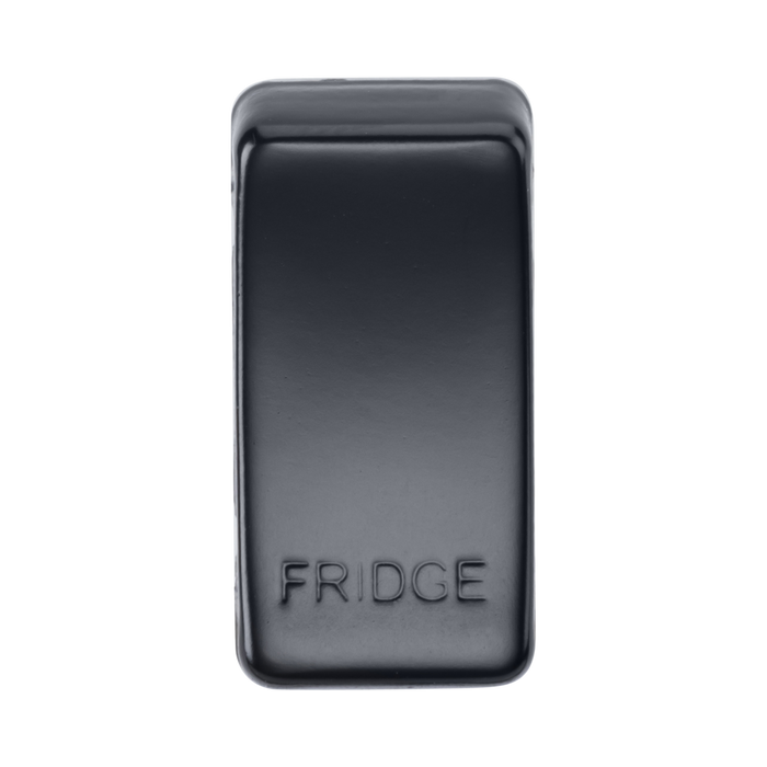 Black rectangular object with 'FRIDGE' engraving on a white background
