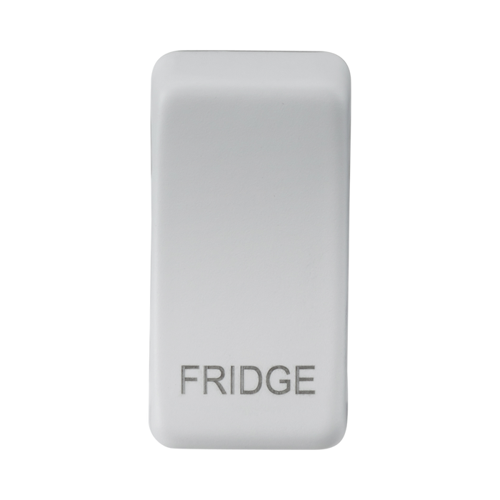 White rectangular object with 'FRIDGE' engraving on a white background
