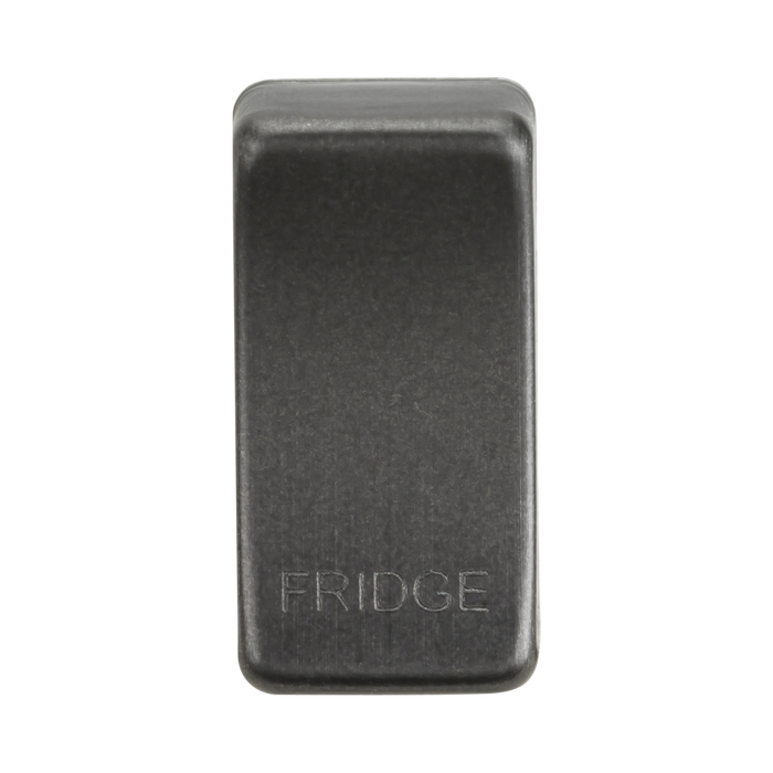 Smoked bronze rectangular object with 'FRIDGE' engraving on a white background