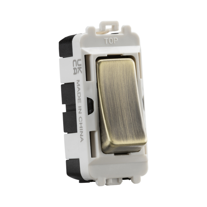 Light switch with metallic rocker on a white background