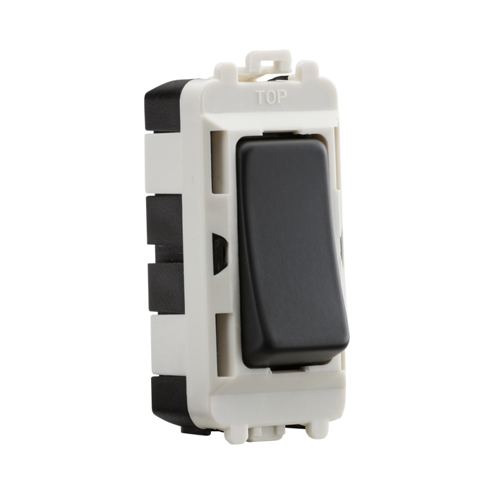 Toggle switch with anthracite rocker and white frame on a white background