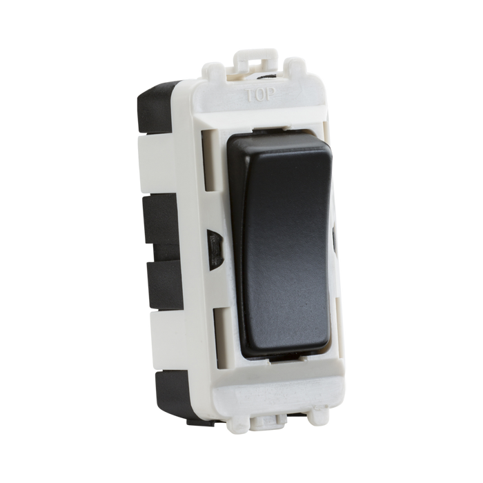Toggle switch with black rocker and white frame on a white background