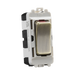 Electrical switch with brass rocker and white housing on a white background