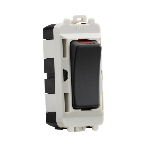Electrical switch with anthracite rocker and white housing on a white background