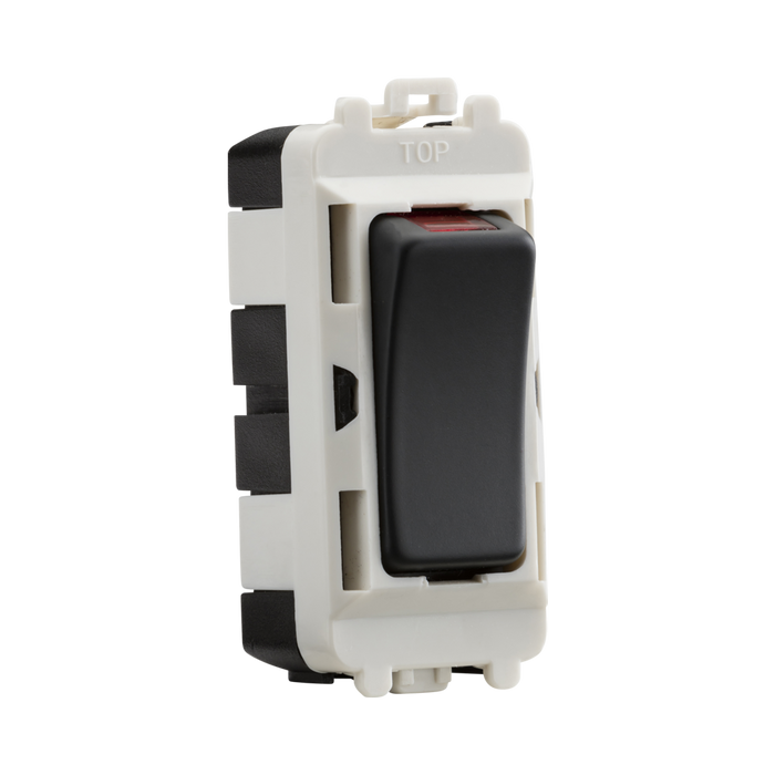 Electrical switch with anthracite rocker and white housing on a white background