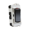 Electrical switch with black rocker and white housing on a white background
