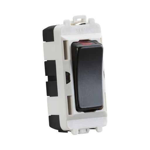 Electrical switch with black rocker and white housing on a white background