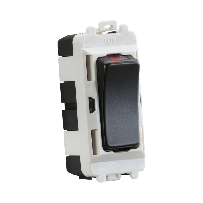 Electrical switch with black rocker and white housing on a white background