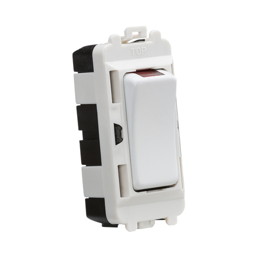 Electrical switch with white rocker and white housing on a white background