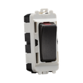 Electrical switch with black rocker and white housing on a white background