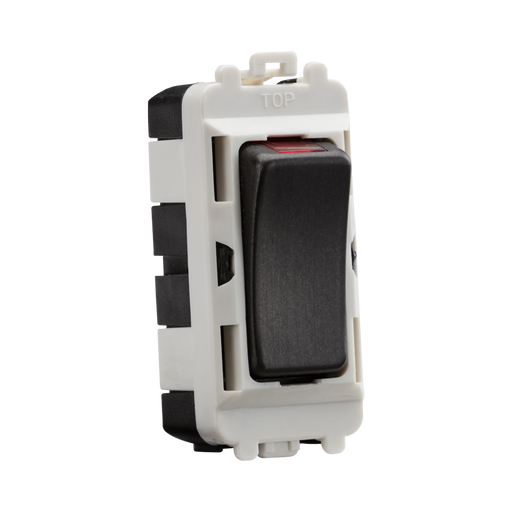 Electrical switch with black rocker and white housing on a white background