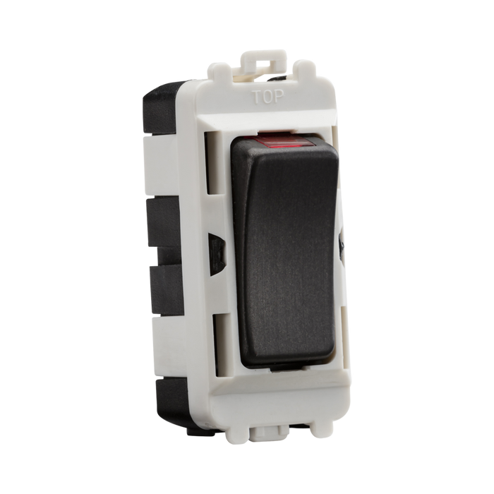 Electrical switch with black rocker and white housing on a white background