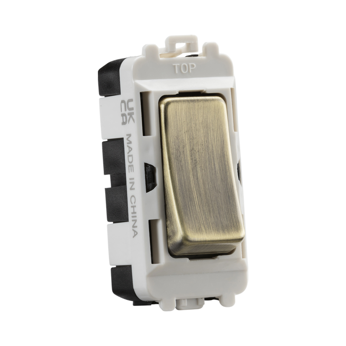 Light switch with metallic rocker on a white background