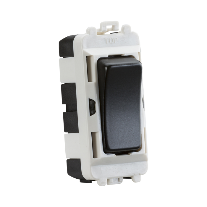 Light switch with black rocker on a white background
