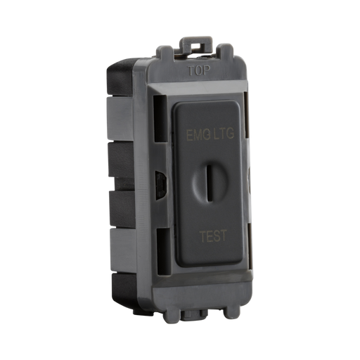 Black electrical switch with 'EMG LTC' and 'TEST' labels on a white background