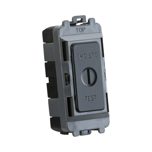 Black electrical switch with 'EMG LTC' and 'TEST' labels on a white background