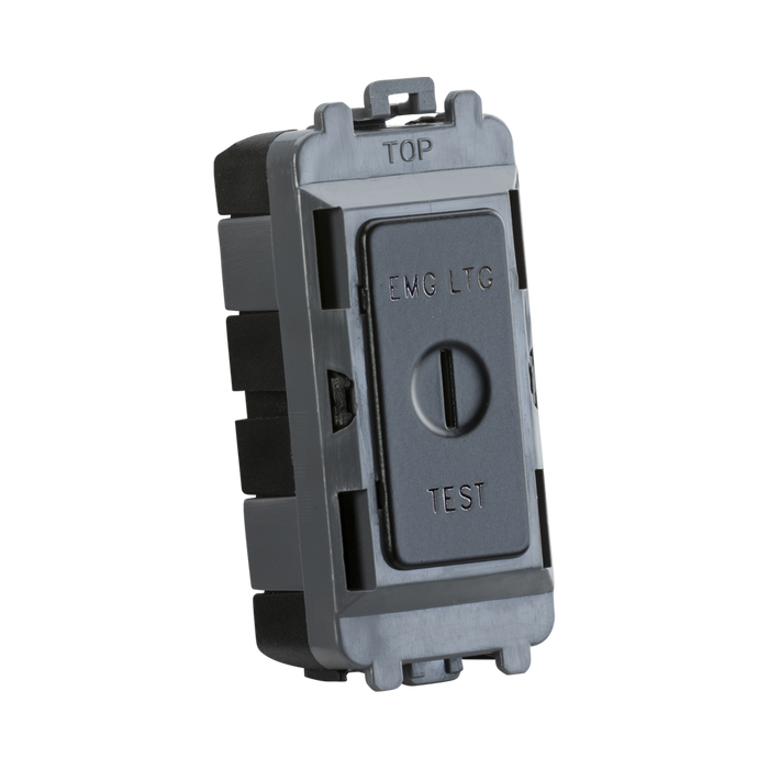 Black electrical switch with 'EMG LTC' and 'TEST' labels on a white background