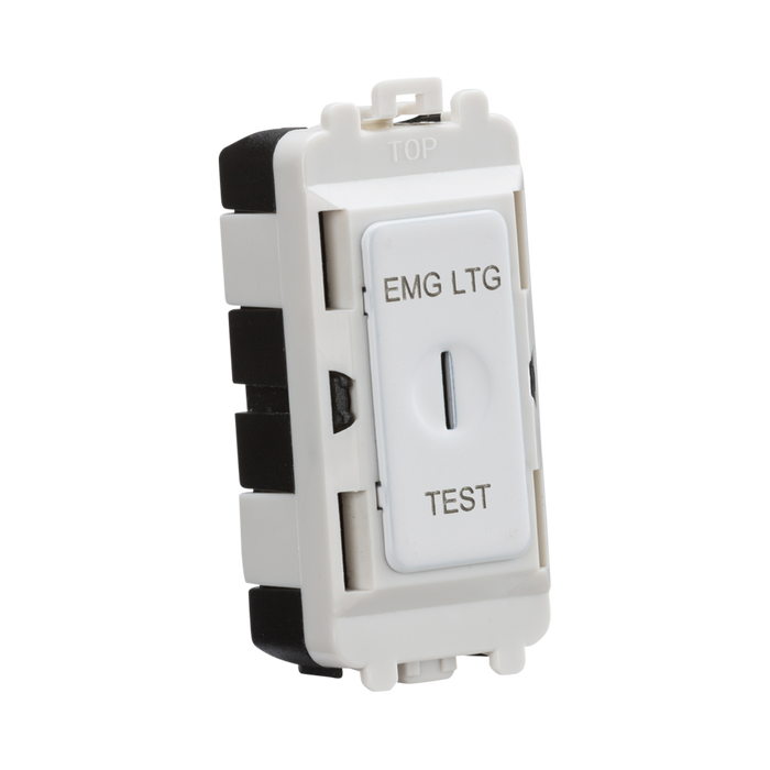 White electrical switch with 'EMG LTC' and 'TEST' labels on a white background