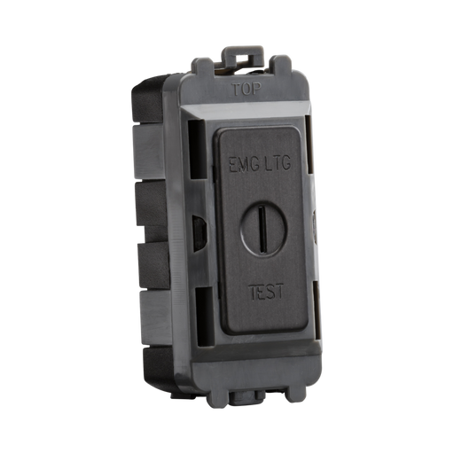 Smoked bronze electrical switch with 'EMG LTC' and 'TEST' labels on a white background