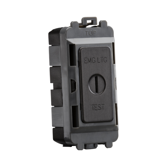 Smoked bronze electrical switch with 'EMG LTC' and 'TEST' labels on a white background