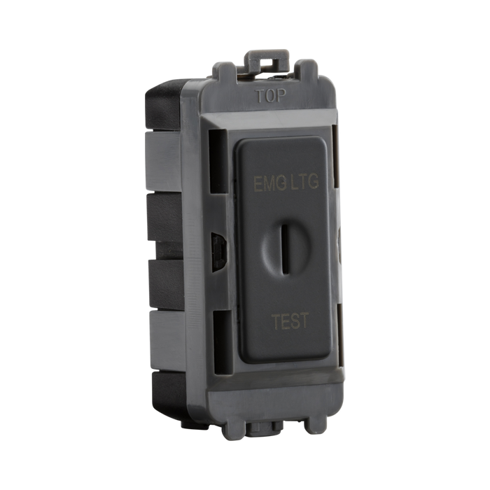 Black electrical switch with 'EMG LTC' and 'TEST' labels on a white background