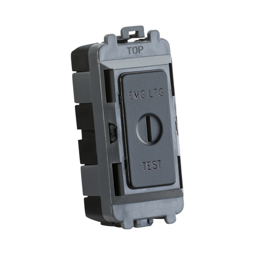 Black electrical switch with 'EMG LTC' and 'TEST' labels on a white background
