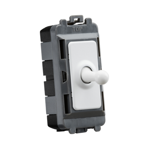 Toggle switch with white knob and gray casing on a white background